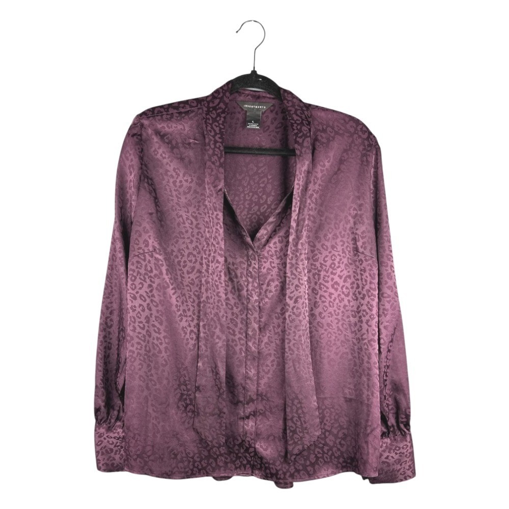 Investments Purple Animal Print Tie Neck Blouse L Satin Button Down Long Sleeve - Picture 2 of 8